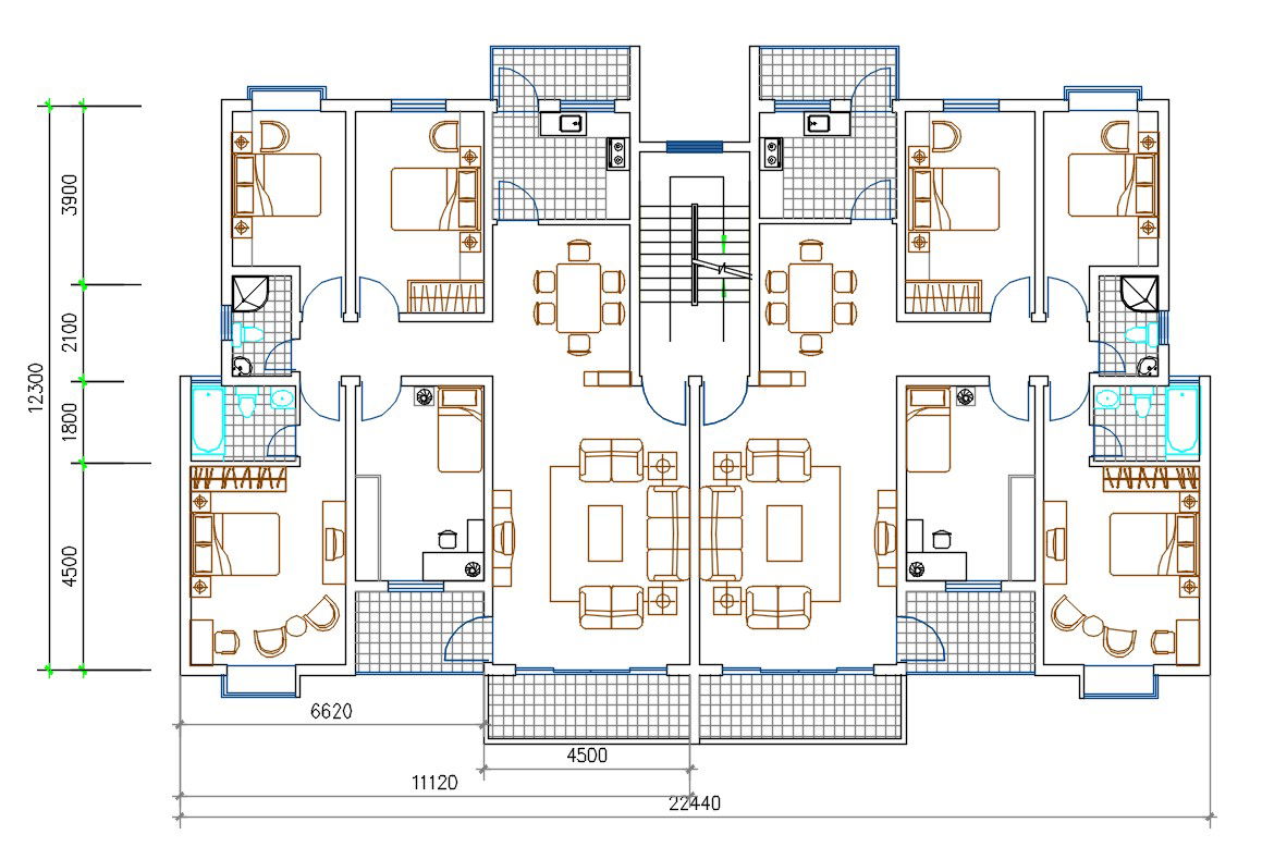 4 BHK Apartment House Layout Plan AutoCAD File