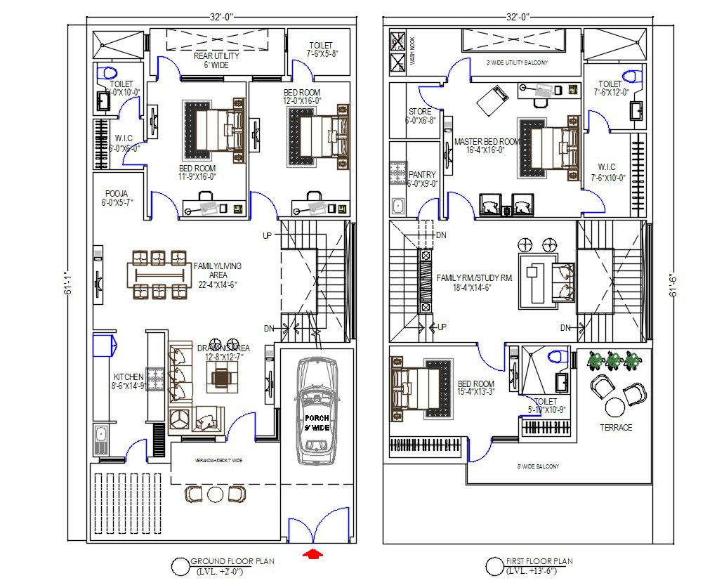 4 BHK House Floor Plan In 2000 SQ FT AutoCAD Drawing