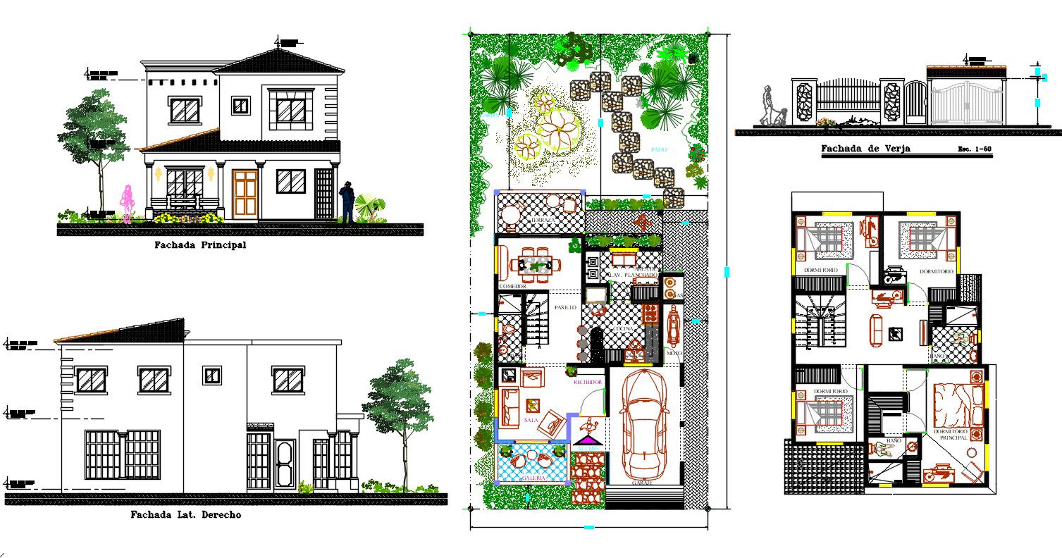 4 Bedroom House Furniture Layout Plans With Landscaping Design DWG File