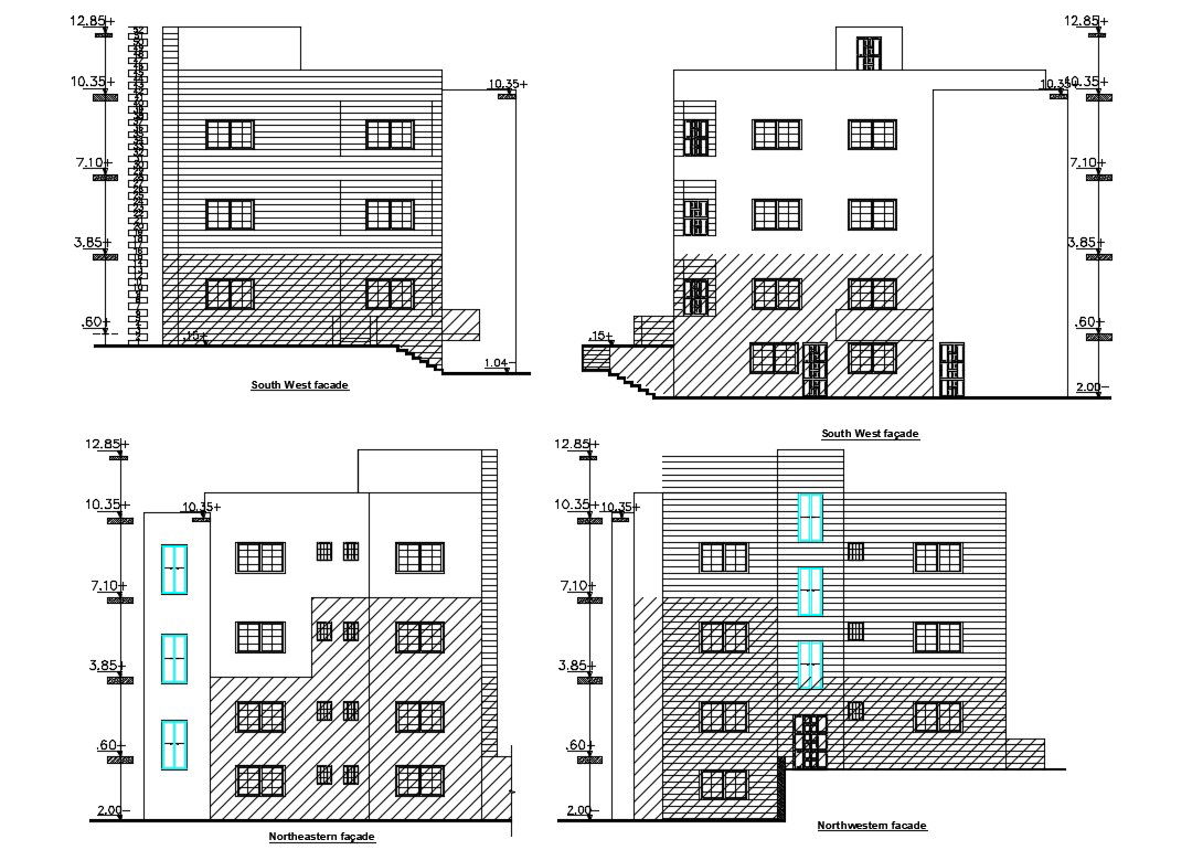 4 Storey Apartment Building Elevation Design DWG File