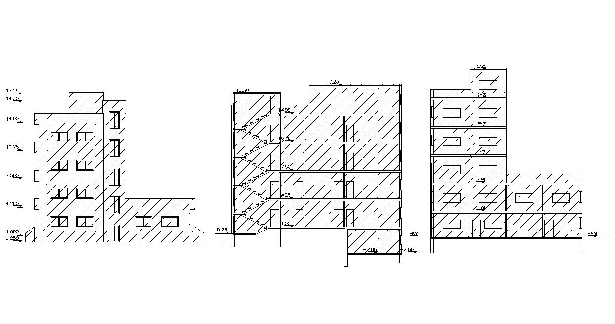 4 Storey Apartment Sectional Elevation Design CAD Drawing