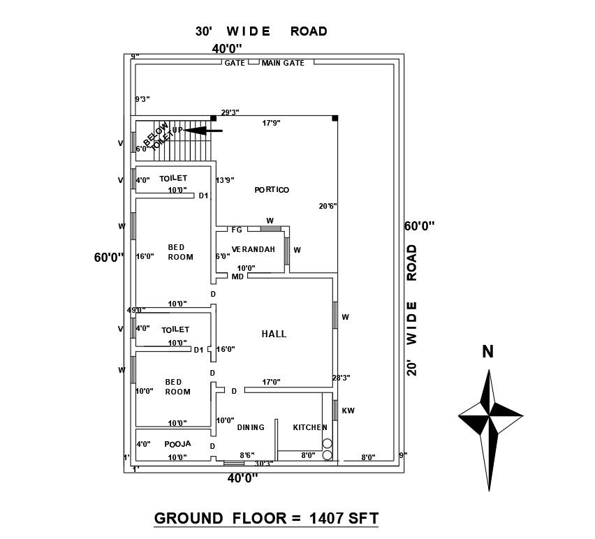 40’x60’ North Facing House Vastu Shastra Autocad drawing DWG File