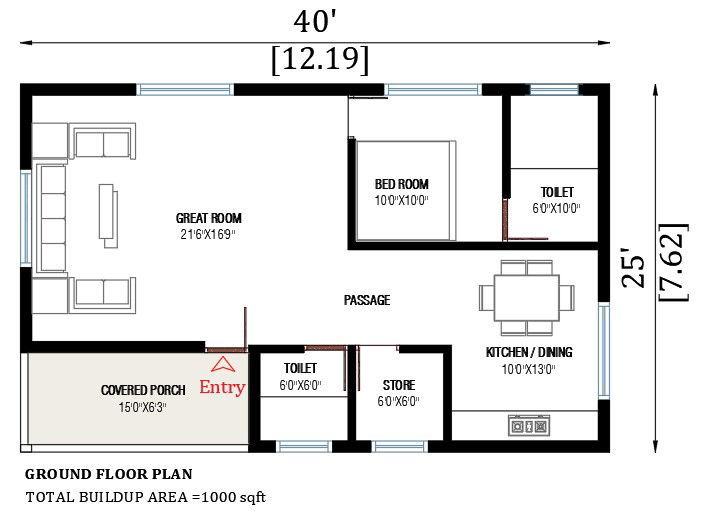 40'x25' single floor tiled roof house design is given in this cad file. Download the free 2D Autocad drawing file.