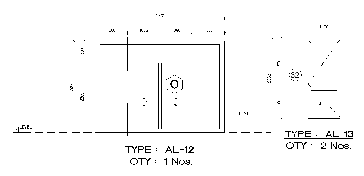 4000x2800mm sliding door drawing is given in this AutoCAD file