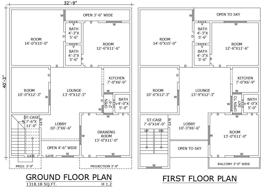 40.3ft to 32.9ft 2-Floor House Plan Design AutoCAD DWG Download