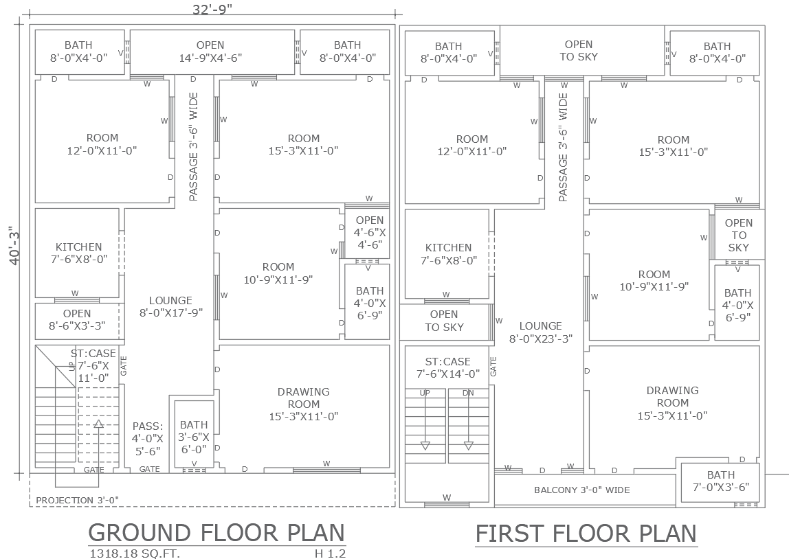 40.3ftx32.9ft House Layout DWG AutoCAD Ground First Floor