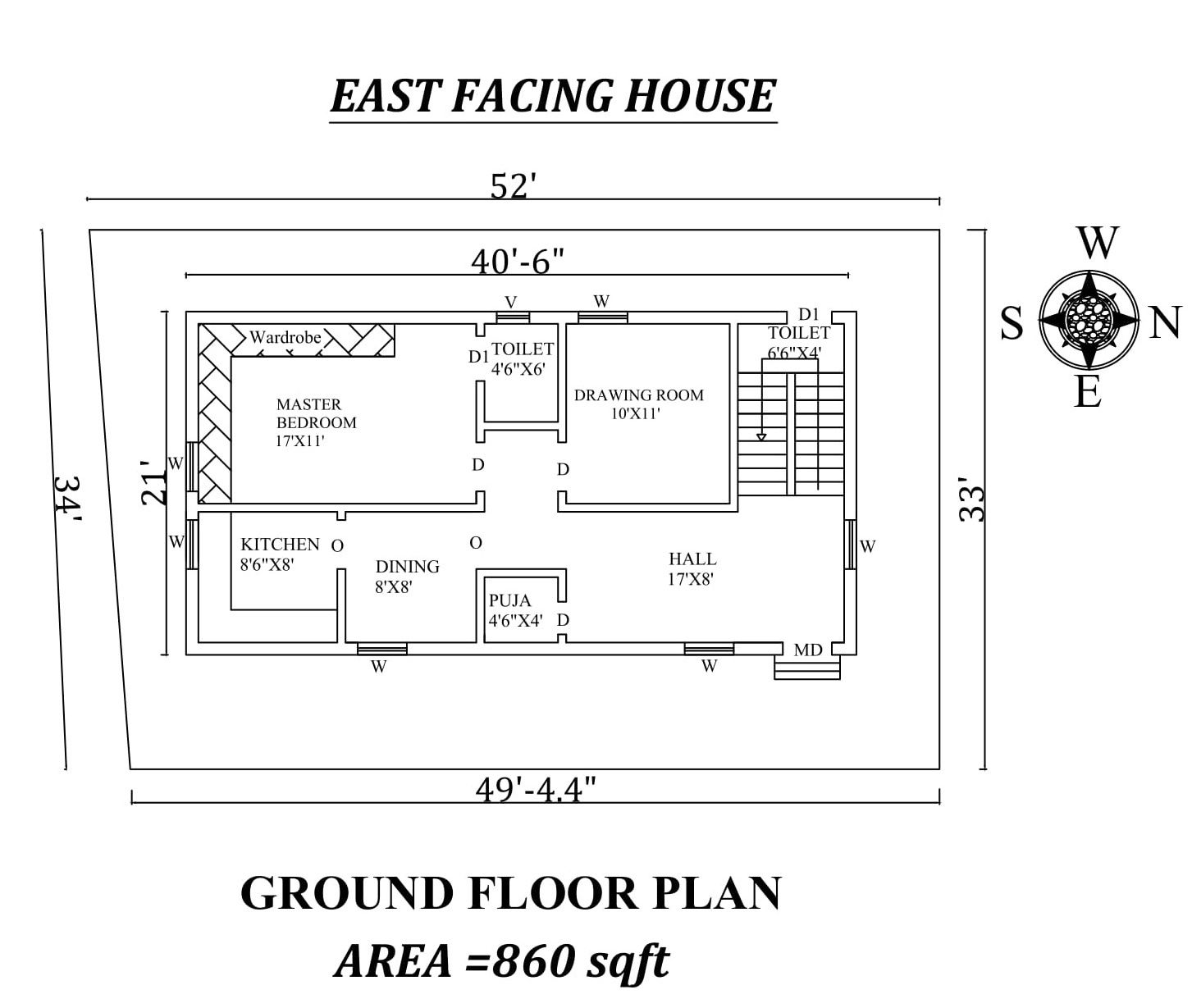 40'6"x21' Ground floor East facing House Plan As Per Vastu Shastra.Autocad DWG and Pdf file details