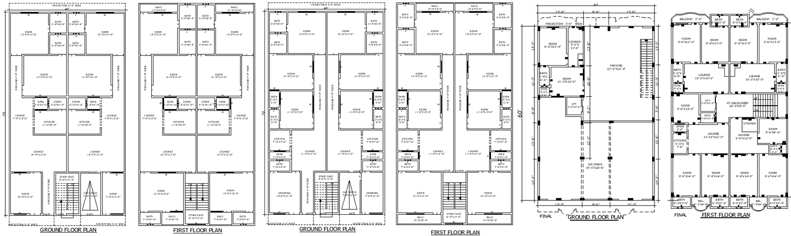 40ftx70ft Three Layout House Plan File for AutoCAD Users