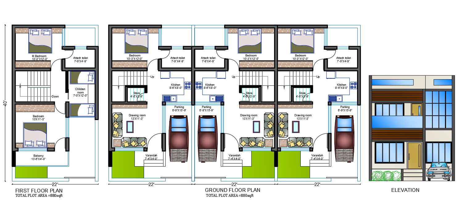 40X22 Feet Twin House Plan And Elevation Design DWG File