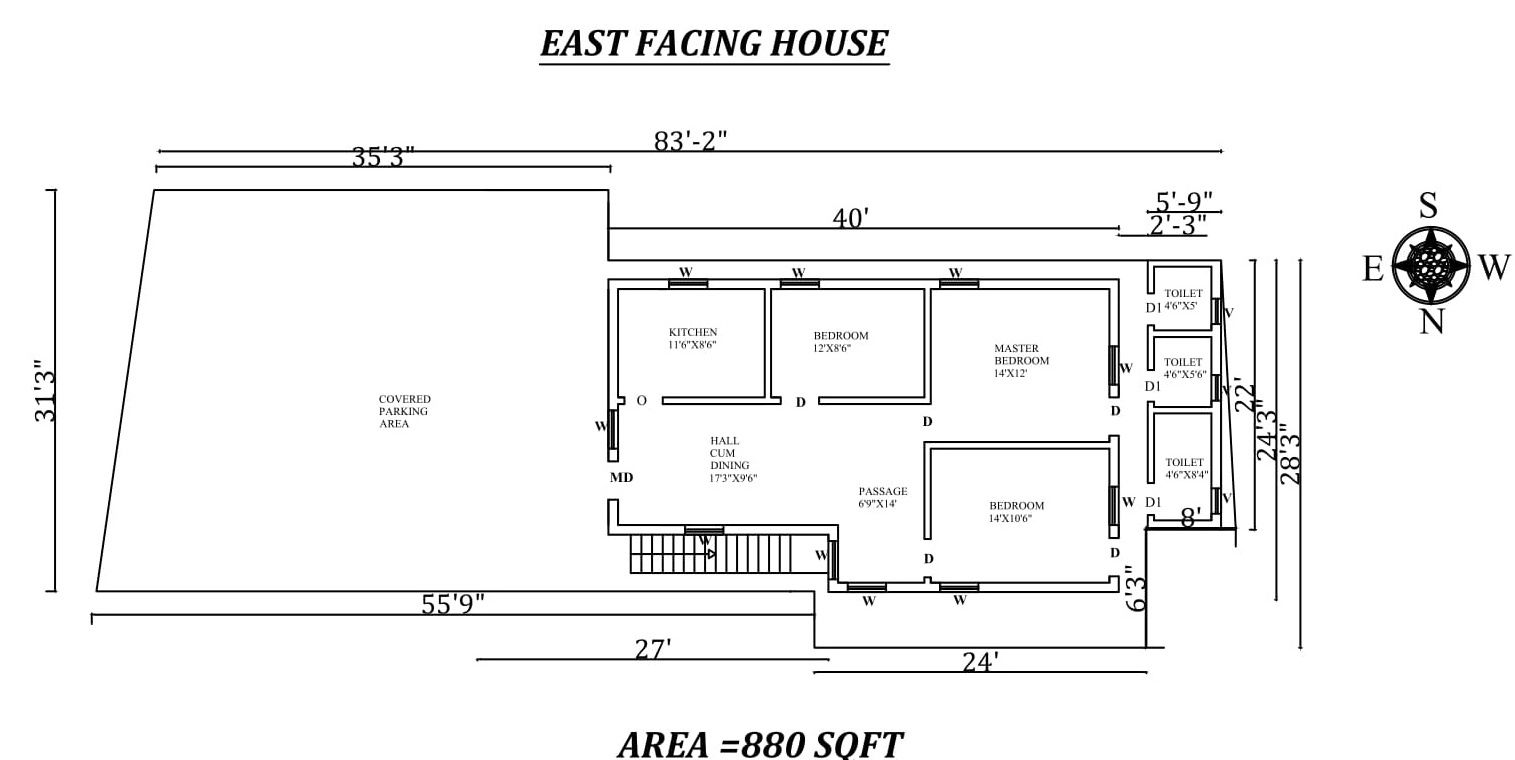 40'X28'3" 3bhk East facing House Plan As Per Vastu Shastra.Autocad DWG and Pdf file details