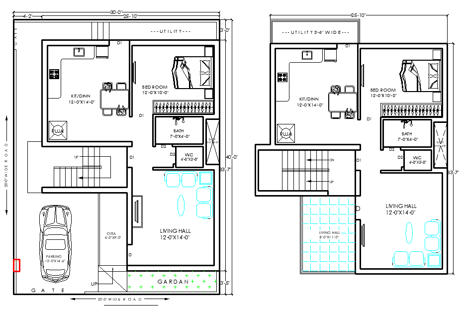 40x30 Modern Home Plan with Garden and Car Parking AutoCAD File