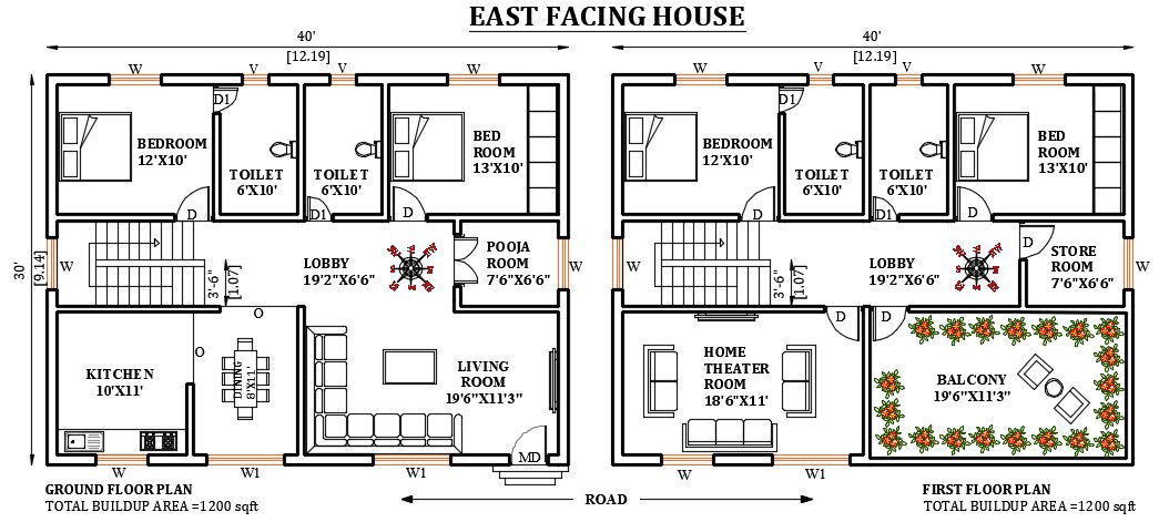 40'X30' East facing 2bhk house plan as per Vastu. Download Free|CADBULL