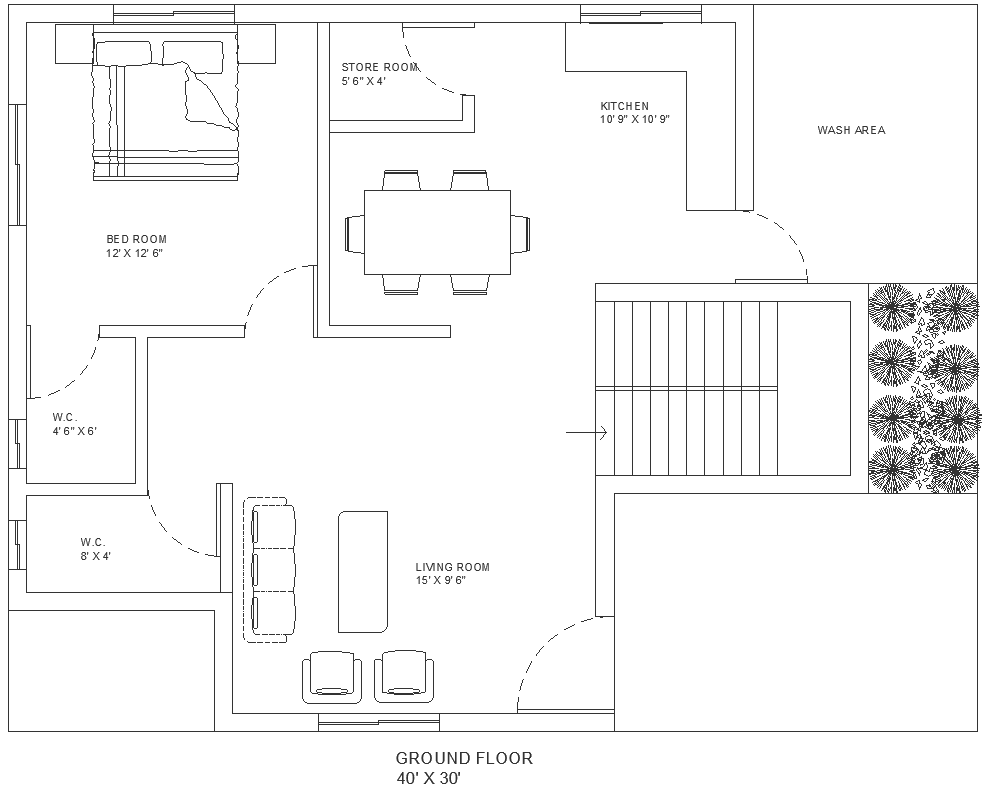 40X30 ft house ground floor plan with furniture layout DWG autoCAD drawing