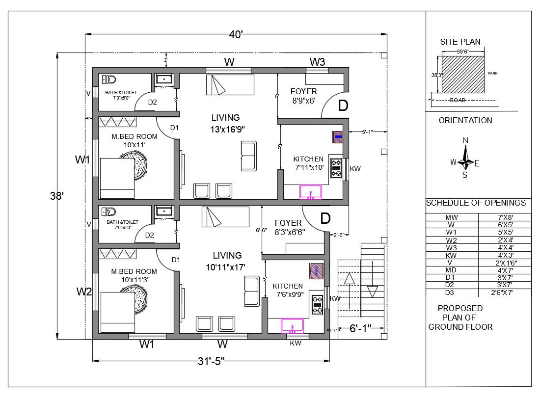 40X38 Feet House Layout Plan Drawing Download DWG File