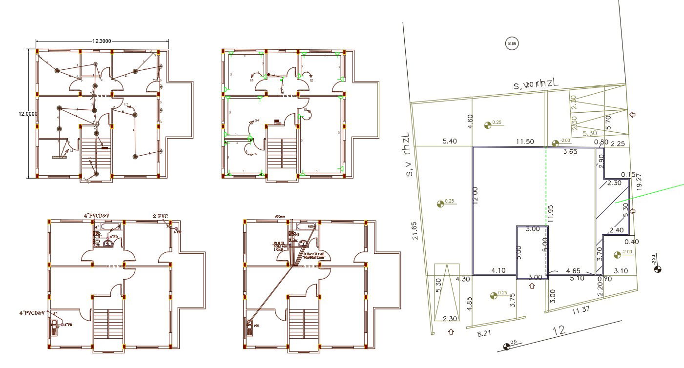40 X 40 Feet 2 BHK House Electrical And Plumbing Plan DWG File
