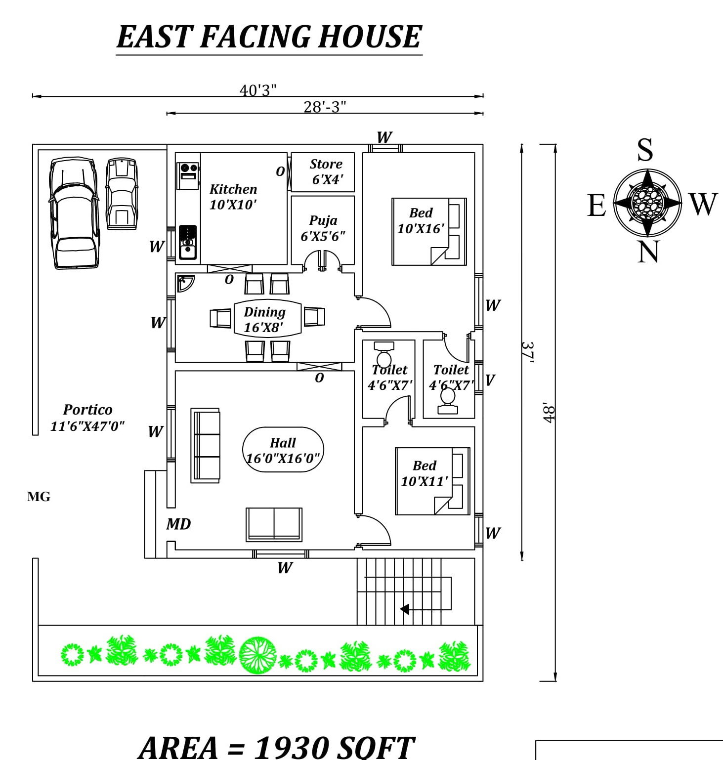 40'X48' Amazing 2bhk East facing House Plan As Per Vastu Shastra, Autocad DWG and Pdf file details.