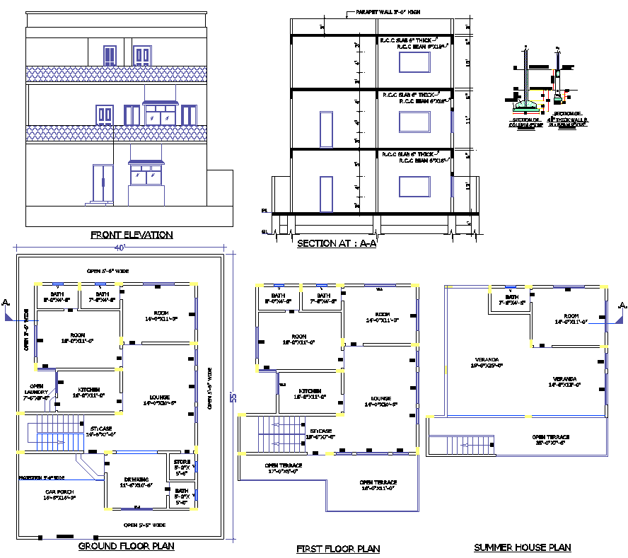 Multi-Storey 40×55 House DWG Layout with Elevation Details