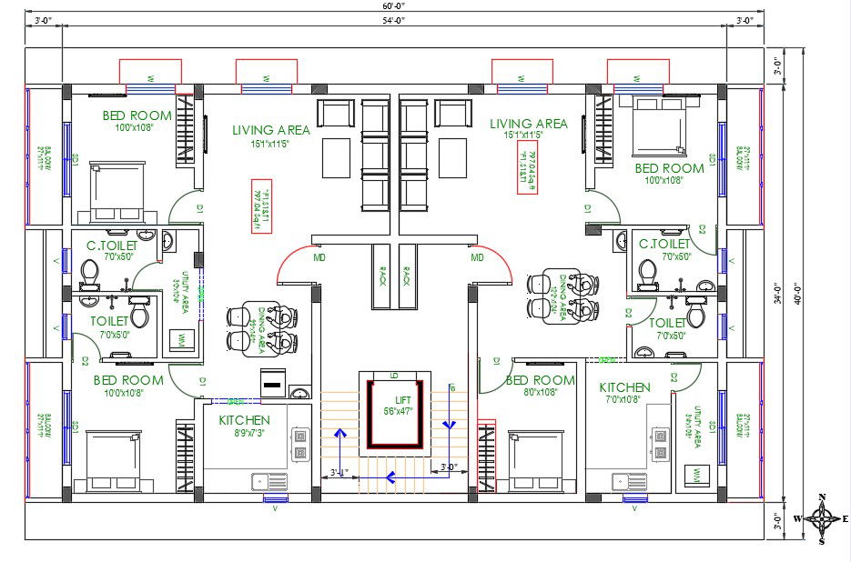 40'X60' Architecture 2 BHK Apartment House Layout Drawing DWG File