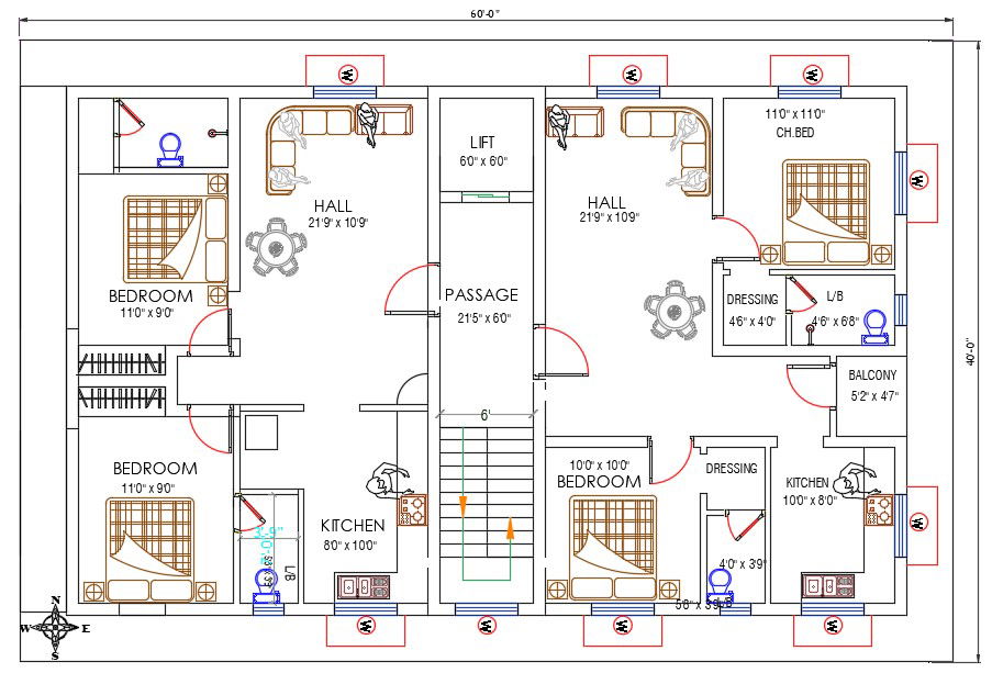 40X60 Feet 2 BHK Apartment With Furniture Layout Drawing DWG File