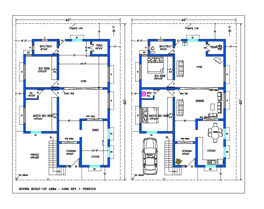 40X60 Feet 2 BHK North Facing House Plan Drawing Download DWG File