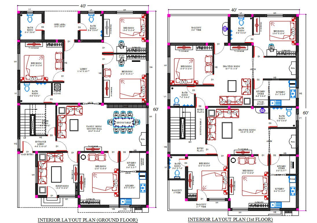 40X60 Feet House Plan With Interior Layout Plan Drawing DWG File