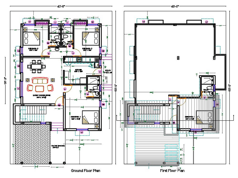 40X60 House Floor Plan With Interior Furniture Plan DWG File