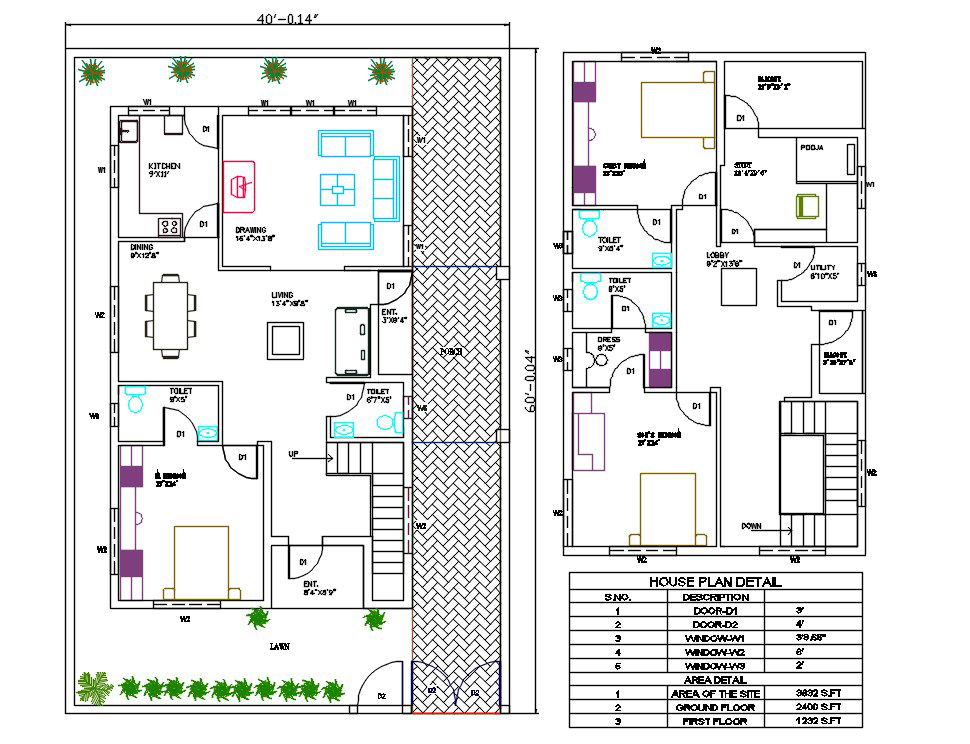 40'X60 House Plan With Furniture Layout DWG File (2400 Square Feet)