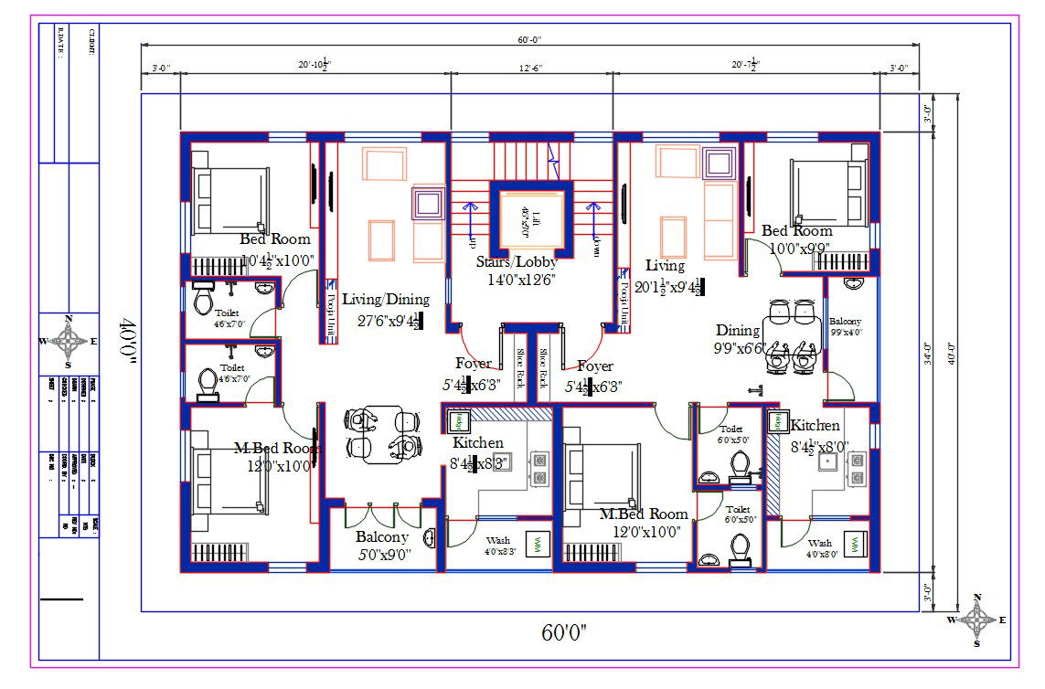 40'X60' Residence 2 BHK Apartment Layout Plan DWG File