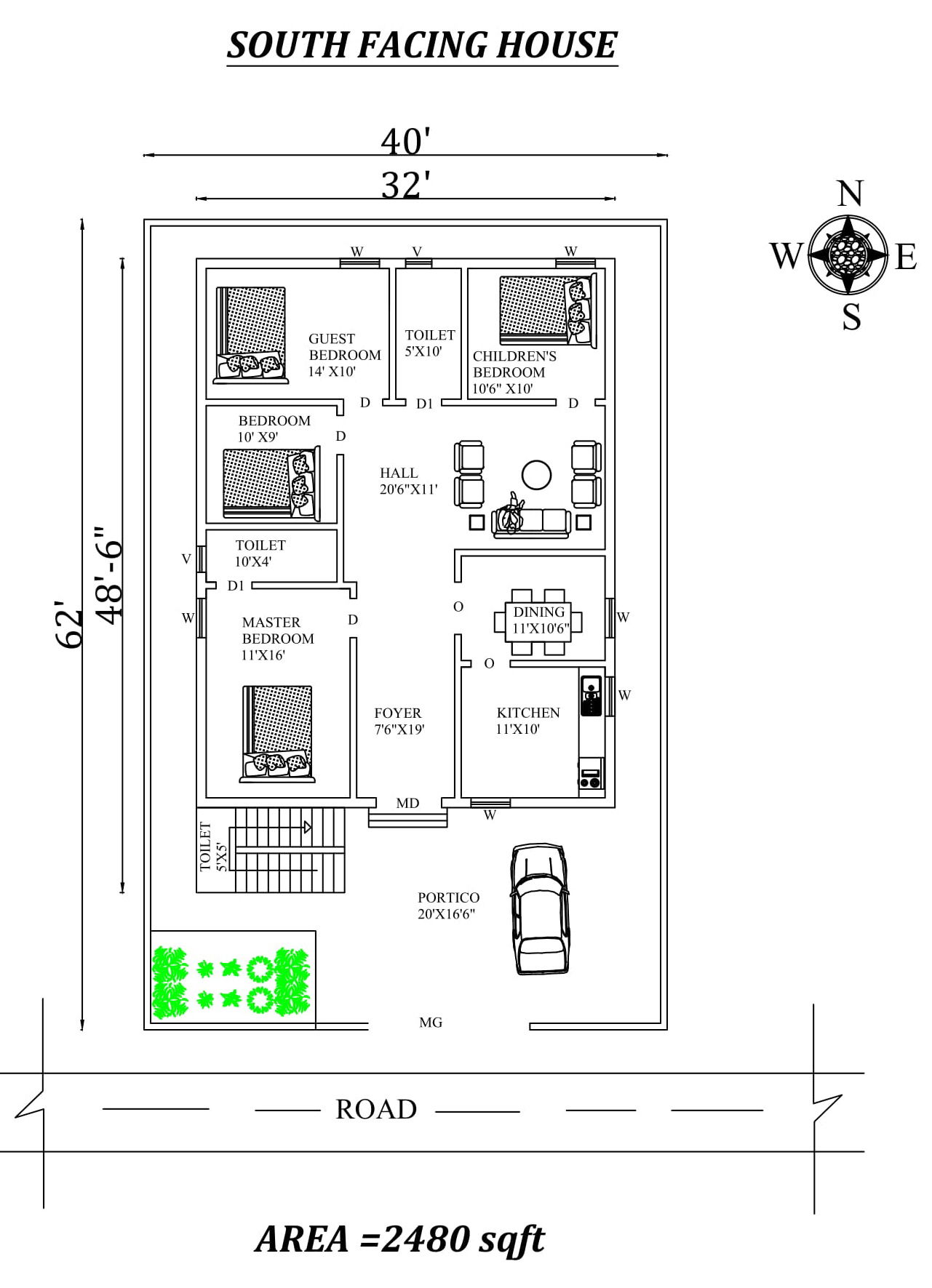40'X62' 3bhk South facing House Plan As Per Vastu Shastra.Autocad DWG and Pdf file details.
