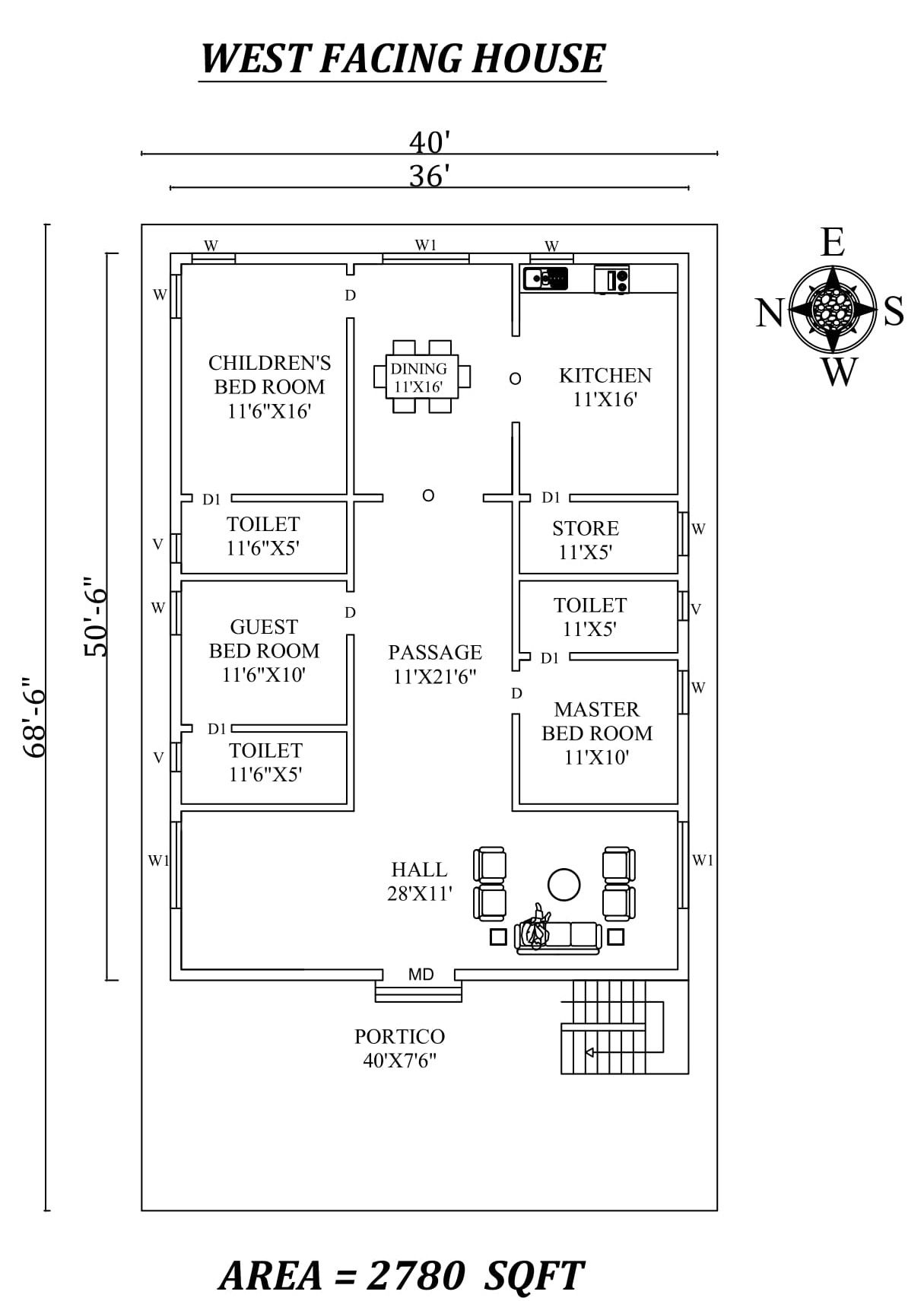 40'X 68'6" Beautiful 3bhk West facing House Plan As Per Vastu Shastra,Autocad DWG and Pdf file details.