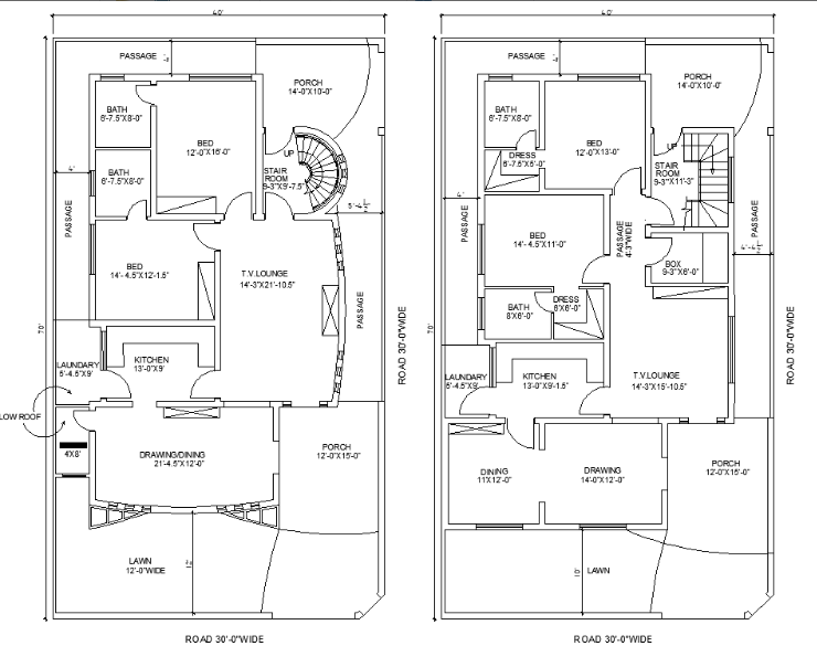 40'X70' two types of 2 bedrooms Single story ground floor house plan AutoCAD DWG file available for download.