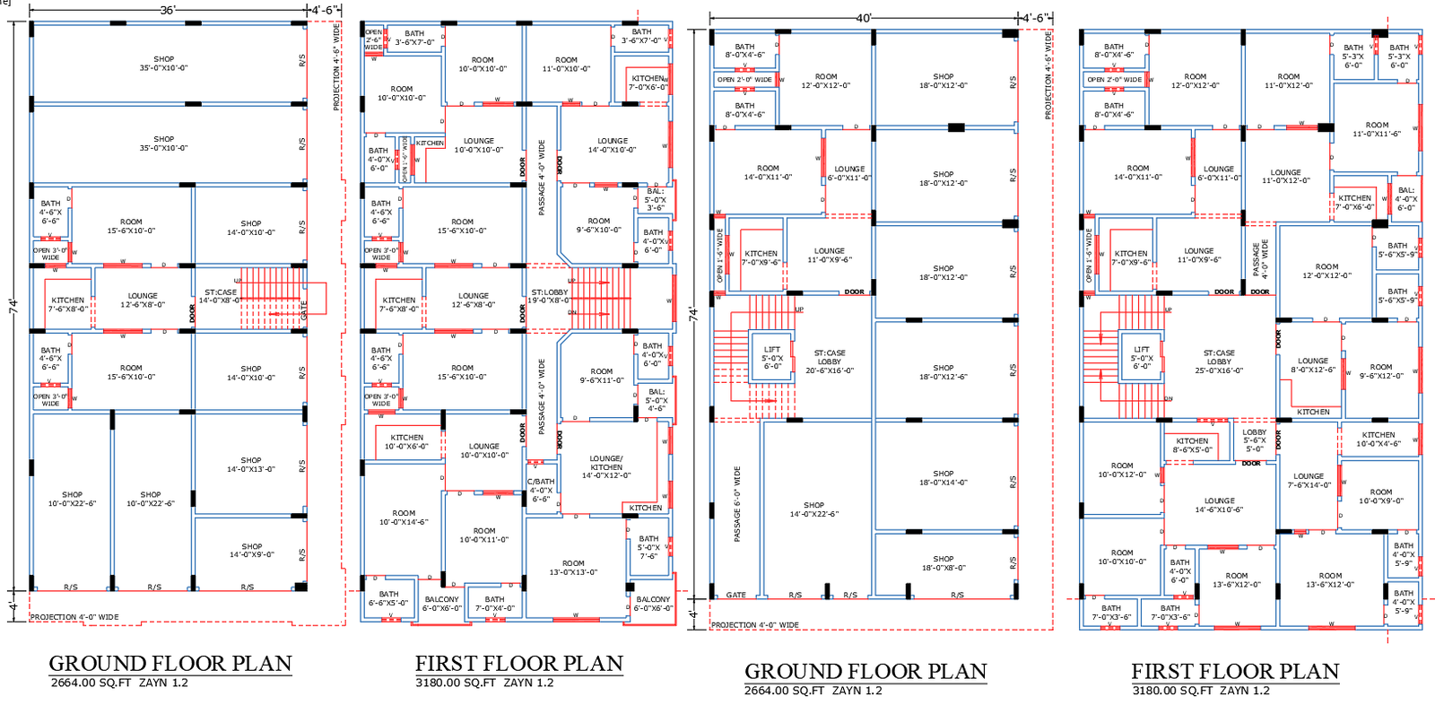 40' X 74' Architecture House Plan with Commercial Shop Layout in AutoCAD DWG File