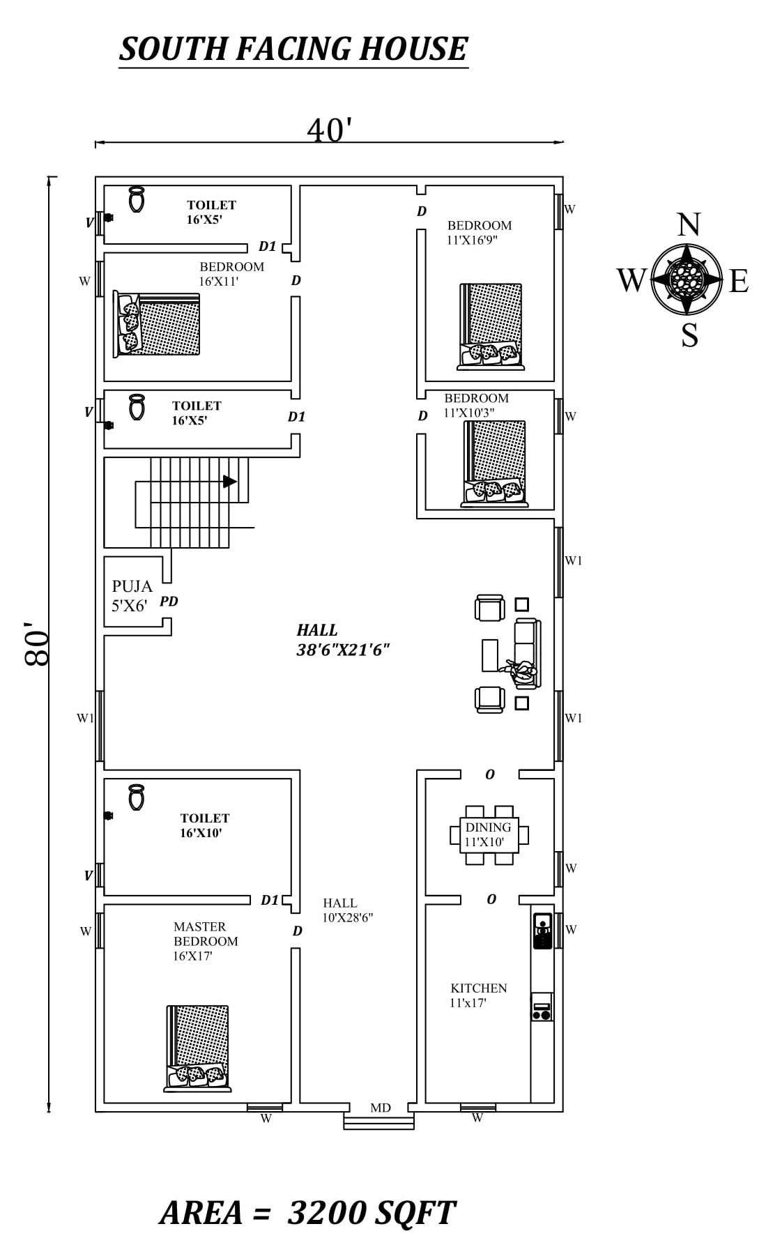 40'X80'4bhk South facing House Plan As Per Vastu Shastra.Autocad DWG and Pdf file details.