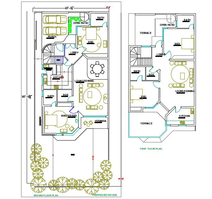 40'X90' House Plan With Furniture Layout Drawing DWG File