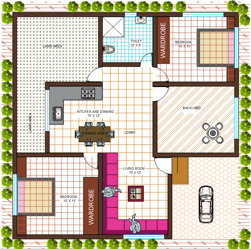 40 ft X 40 ft 2 bhk Drawing Plan in 1600 Sq ft.