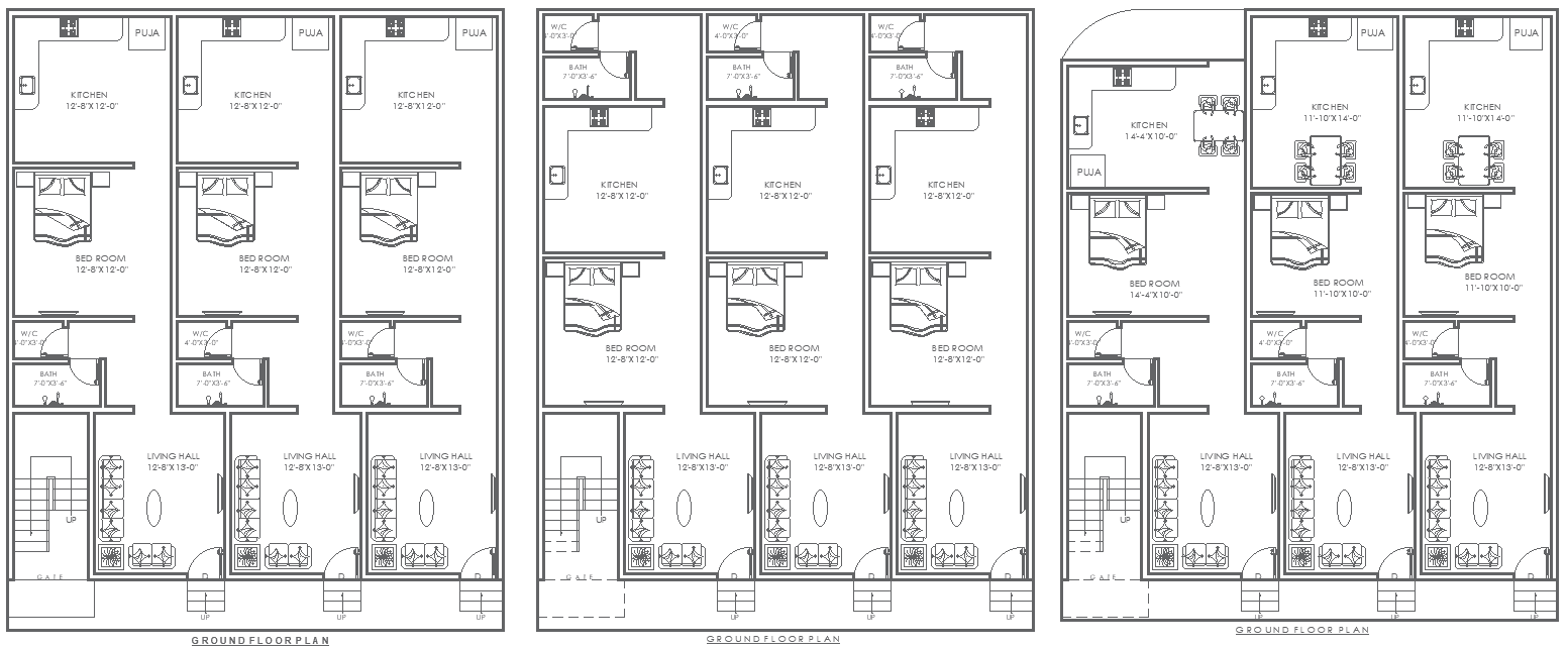 40ft to 46ft Multi Ground Floor House Plan with 1 BHK AutoCAD DWG