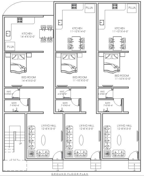 40ftx46ft Ground Floor House Plan DWG for AutoCAD Use