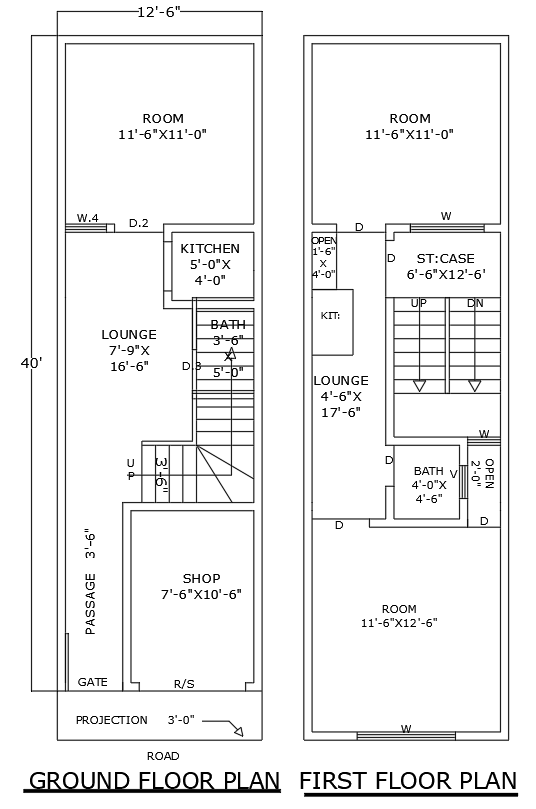 40ft×12.6ft 2 Floor House DWG Plan with Attached Shop