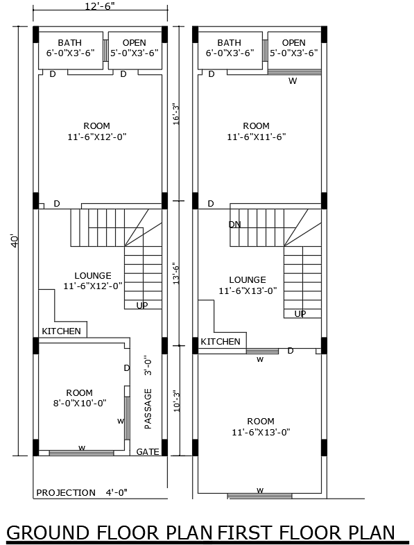 40ftx12.6ft 2RK House Plan Layout Design in DWG File