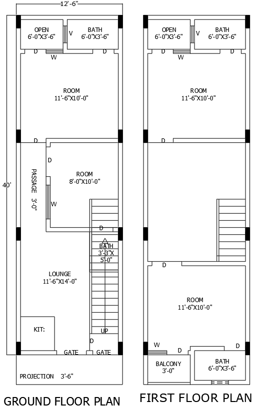 40ft×12.6ft Compact 4BHK House Floor Plan in DWG File