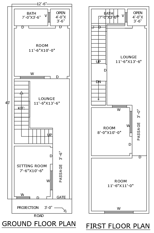 DWG Plan of 40ftx12.6ft Ground and First Floor House