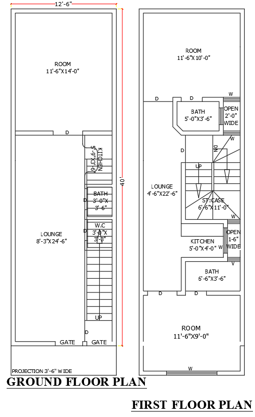 40ftx12.6ft Small 3BHK House Plan in AutoCAD Format