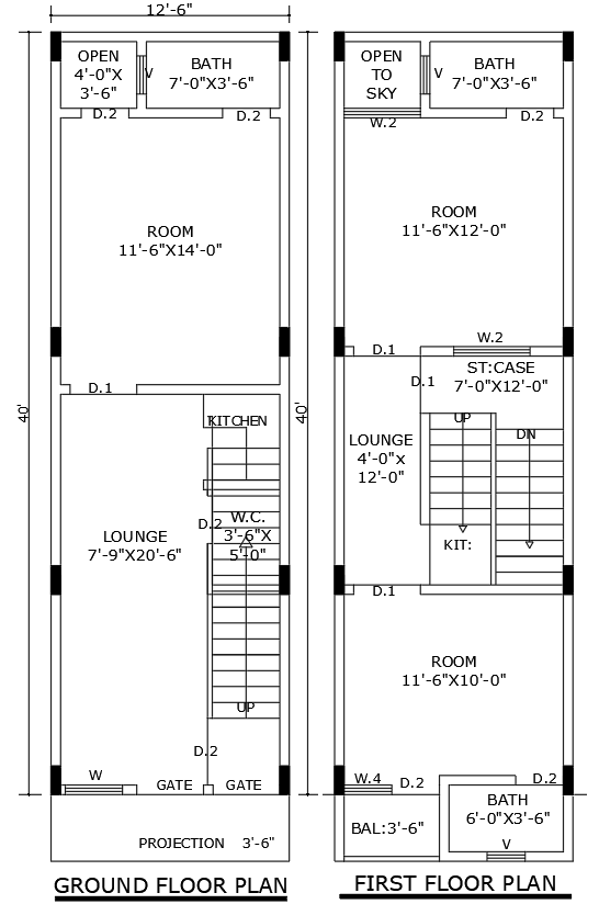 40ftx12.6ft Two Floor House Plan in AutoCAD DWG File