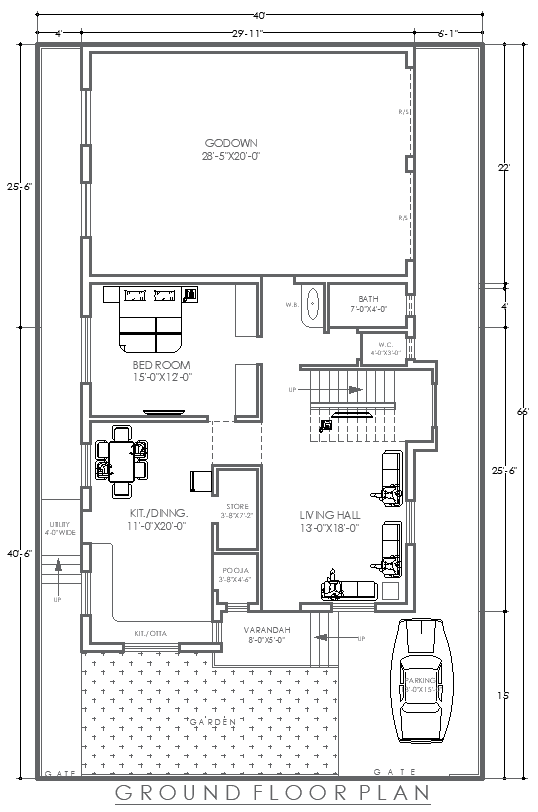 DWG Floor Layout 40ftx66ft House with Godown Design