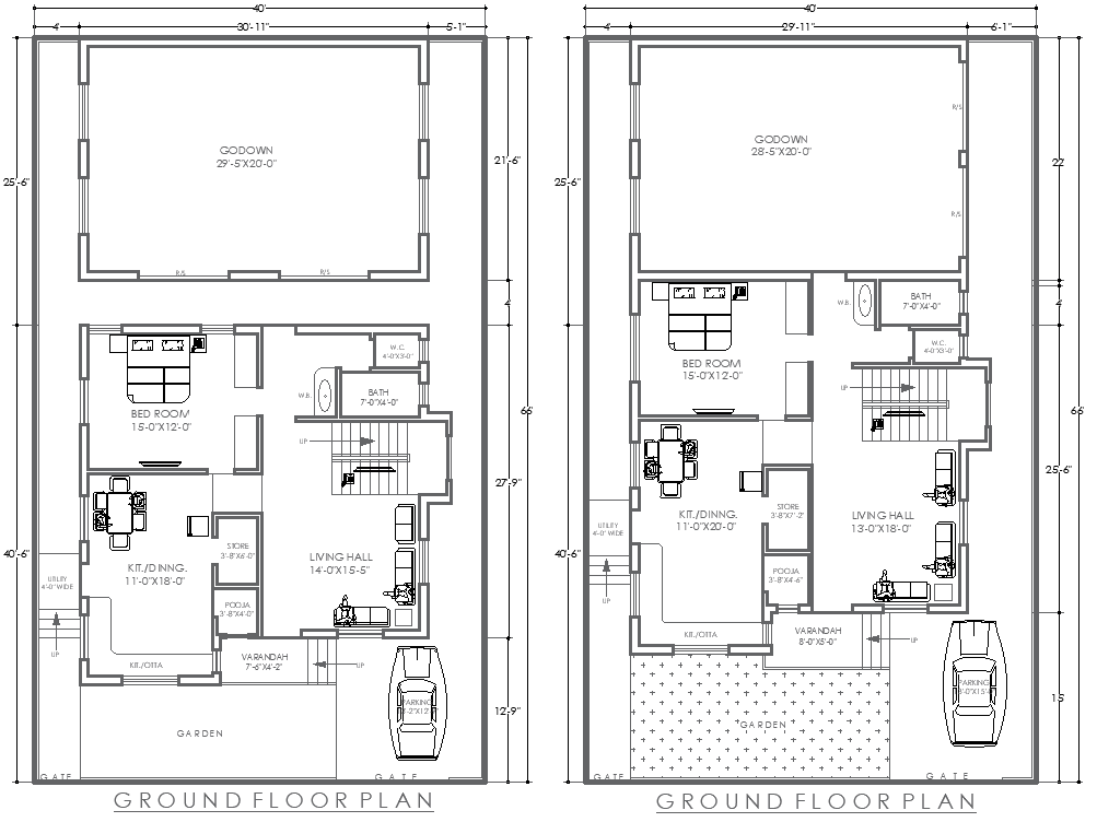 Residential 40ftx66ft House and Godown DWG Floor Plan