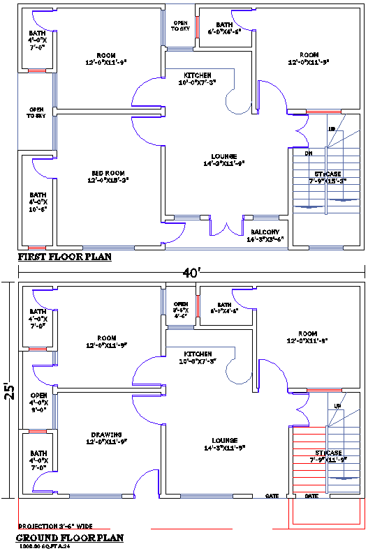 Two-Story 40x25 Duplex House Plan DWG File with Lounge