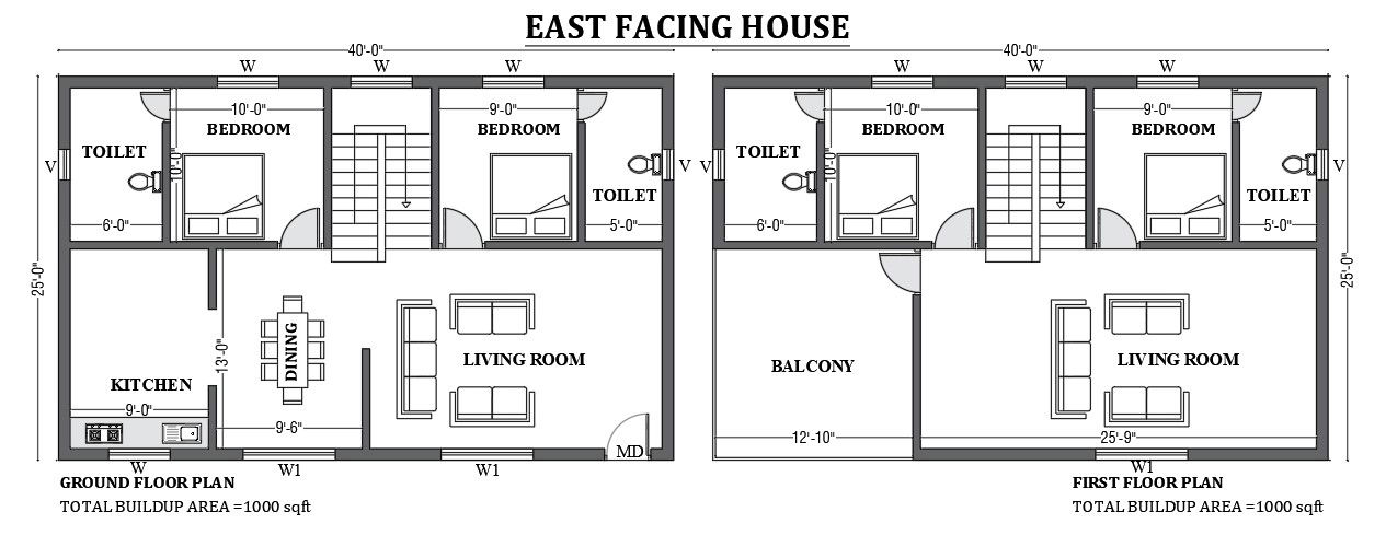 40’x25’ East facing house plan design as per vastu shastra is given in this FREE 2D Autocad drawing file. Download now.
