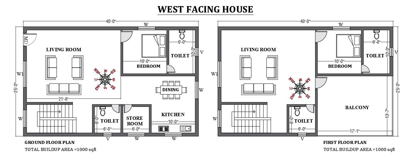 40’x25’ West facing house plan as per vastu shastra is given in this FREE 2D Autocad drawing file. Download now.