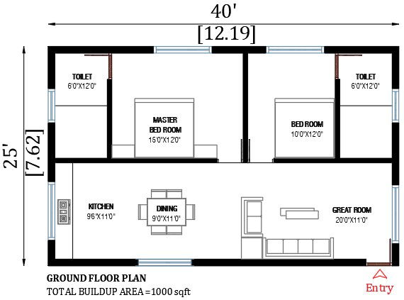 40’x25’ house plan is given in this AutoCAD drawing file.Download now.