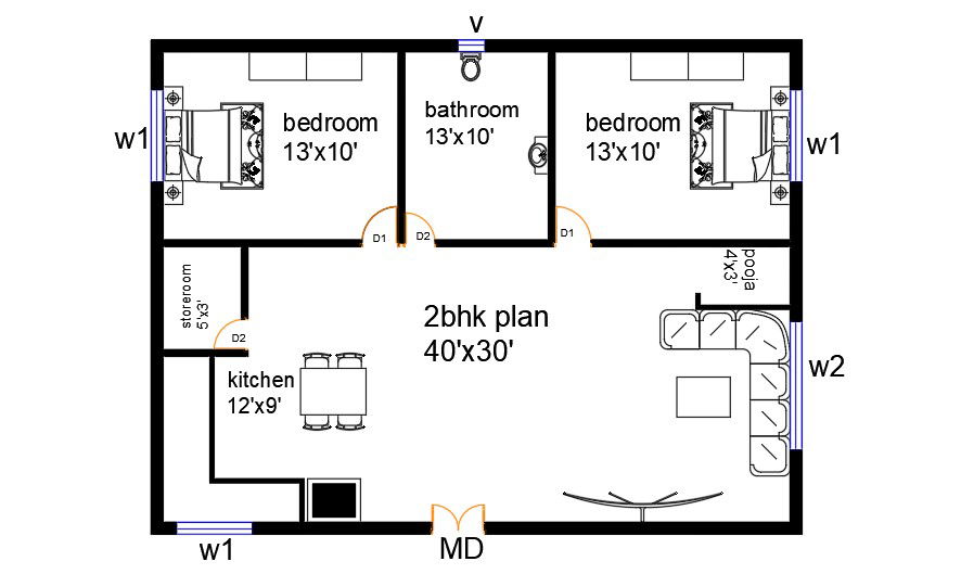 40'x30' 2bhk plan and furniture layout